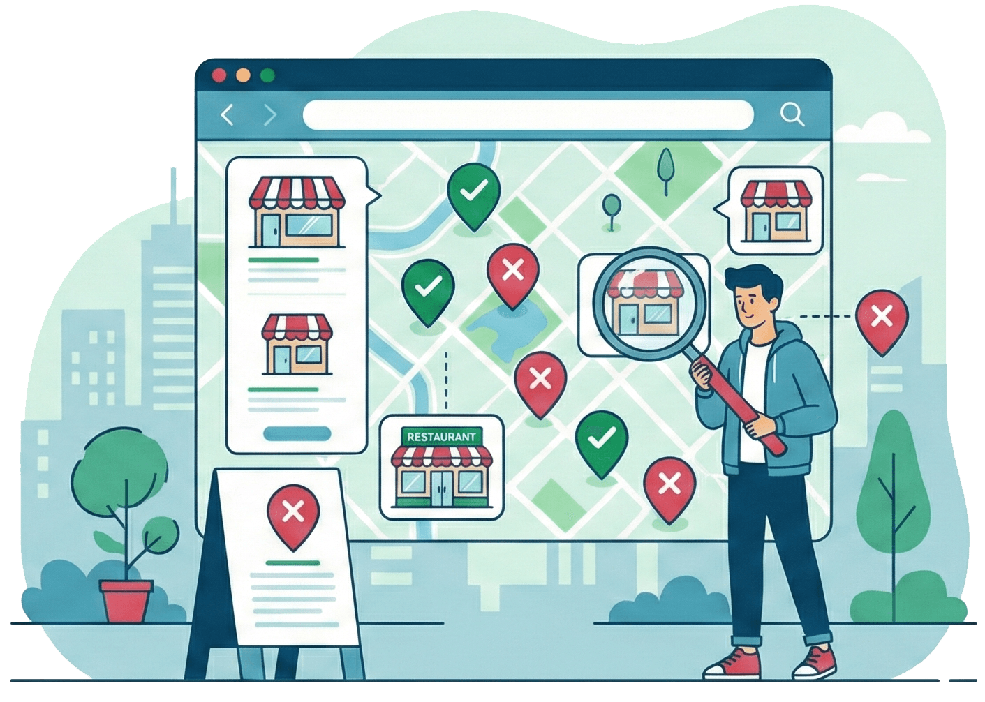 Illustration of a health inspector reviewing a restaurant sanitation checklist